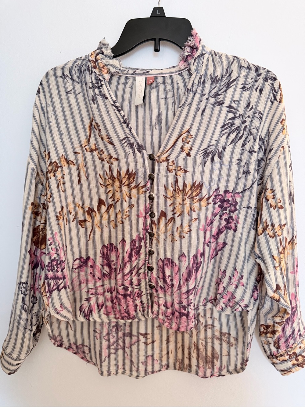 Pilcro Anthropologie The Tavi Ruffled Floral Striped Button Down Blouse XSP